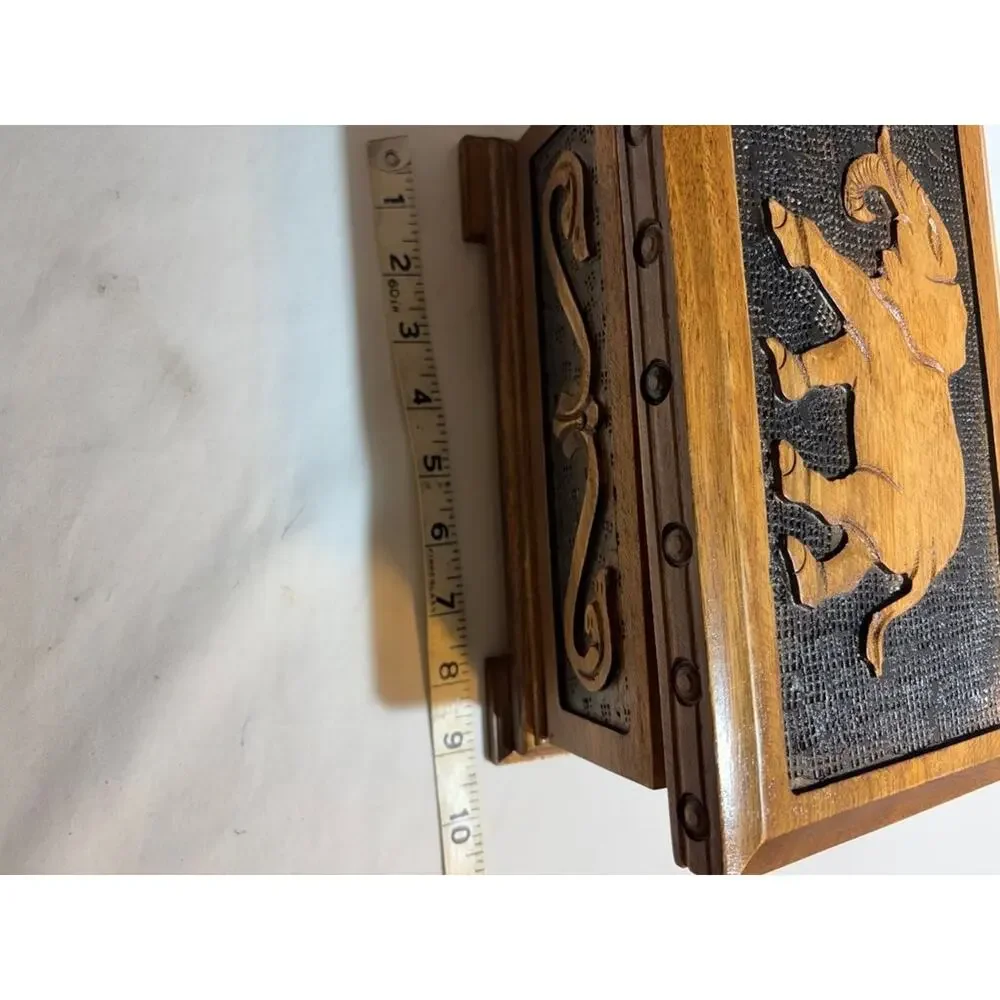 Vintage Wooden Jewelry Box with Elephant Inlay
